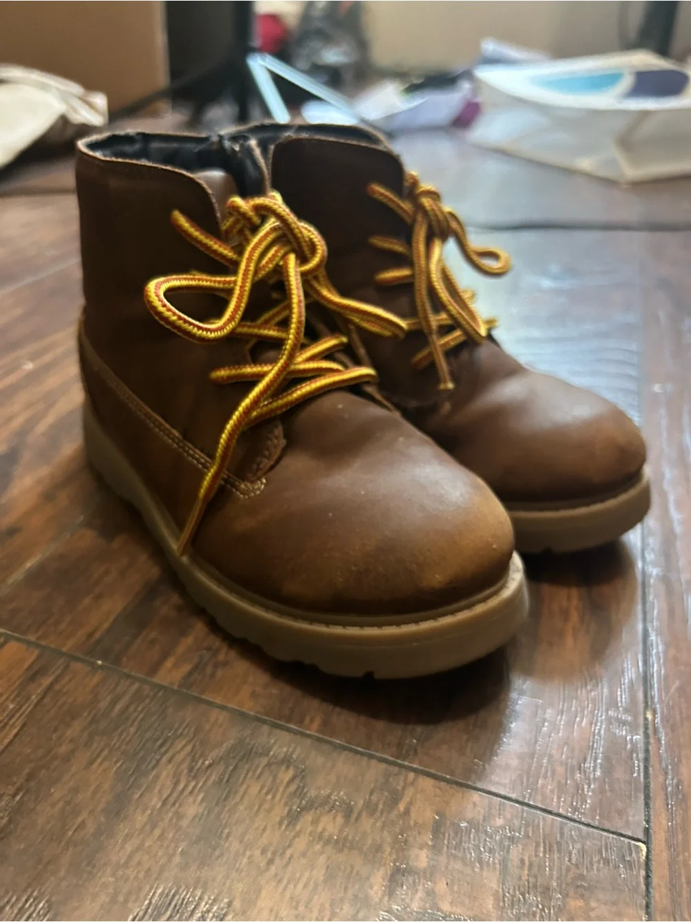OshKosh B'gosh Brown Kids Lace-Up Ankle Boots with Yellow Laces